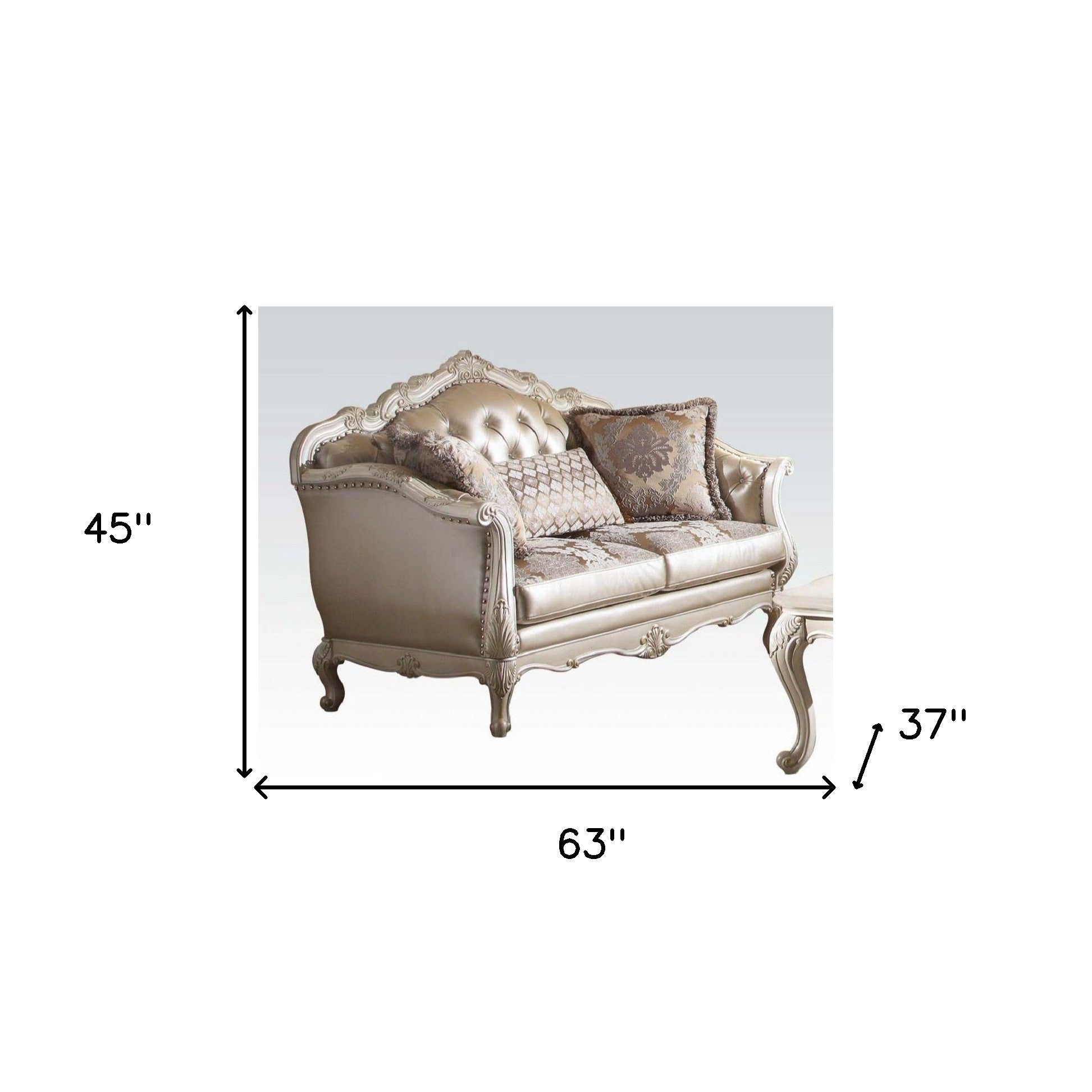 63 Rose Gold And Pearl Faux Leather Curved Loveseat and Toss Pillows