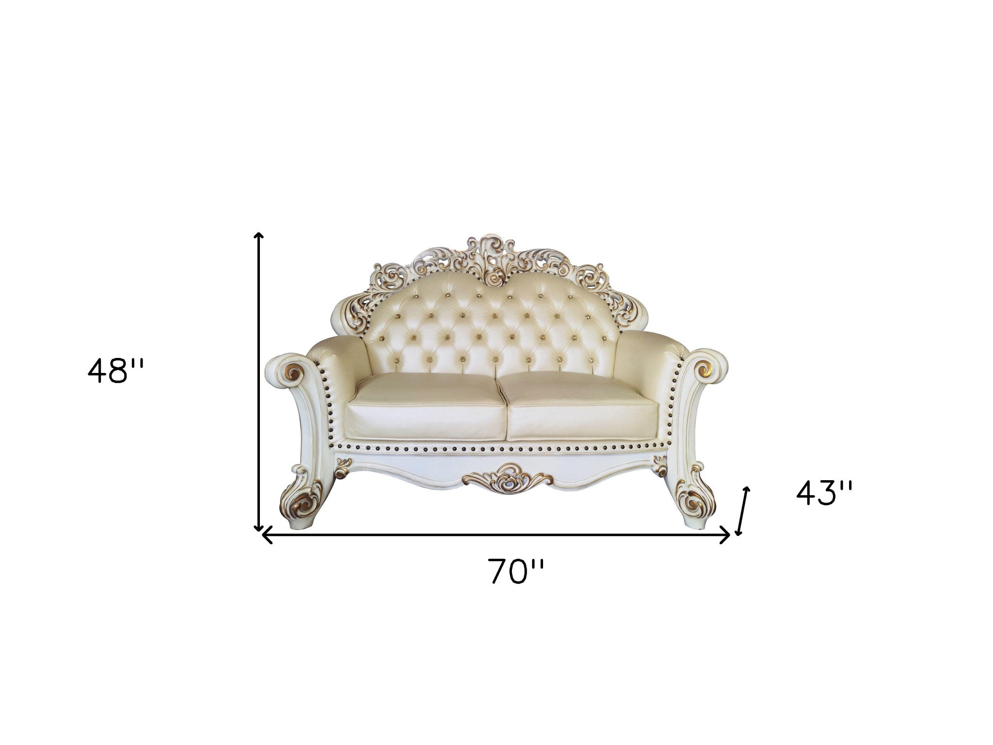 70 Champagne And Pearl Faux Leather Loveseat and Toss Pillows