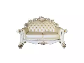 70 Champagne And Pearl Faux Leather Loveseat and Toss Pillows