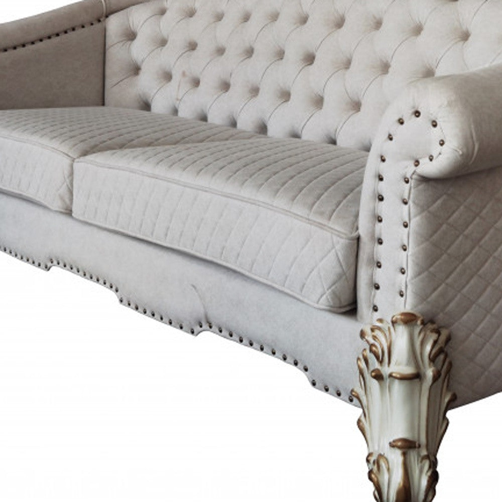 89 Ivory Velvet And Pearl Sofa With Six Toss Pillows