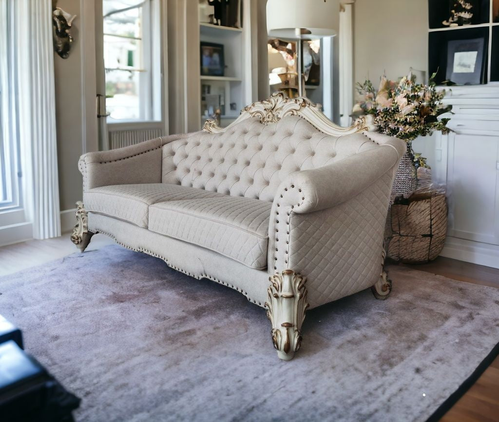 89 Ivory Velvet And Pearl Sofa With Six Toss Pillows