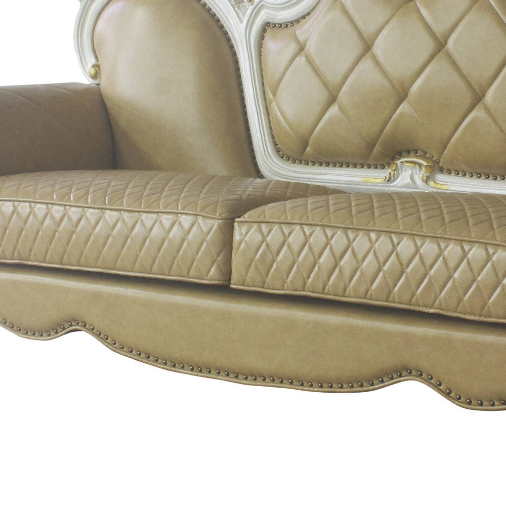 93 Butterscotch Faux Leather And Pearl Sofa With Five Toss Pillows