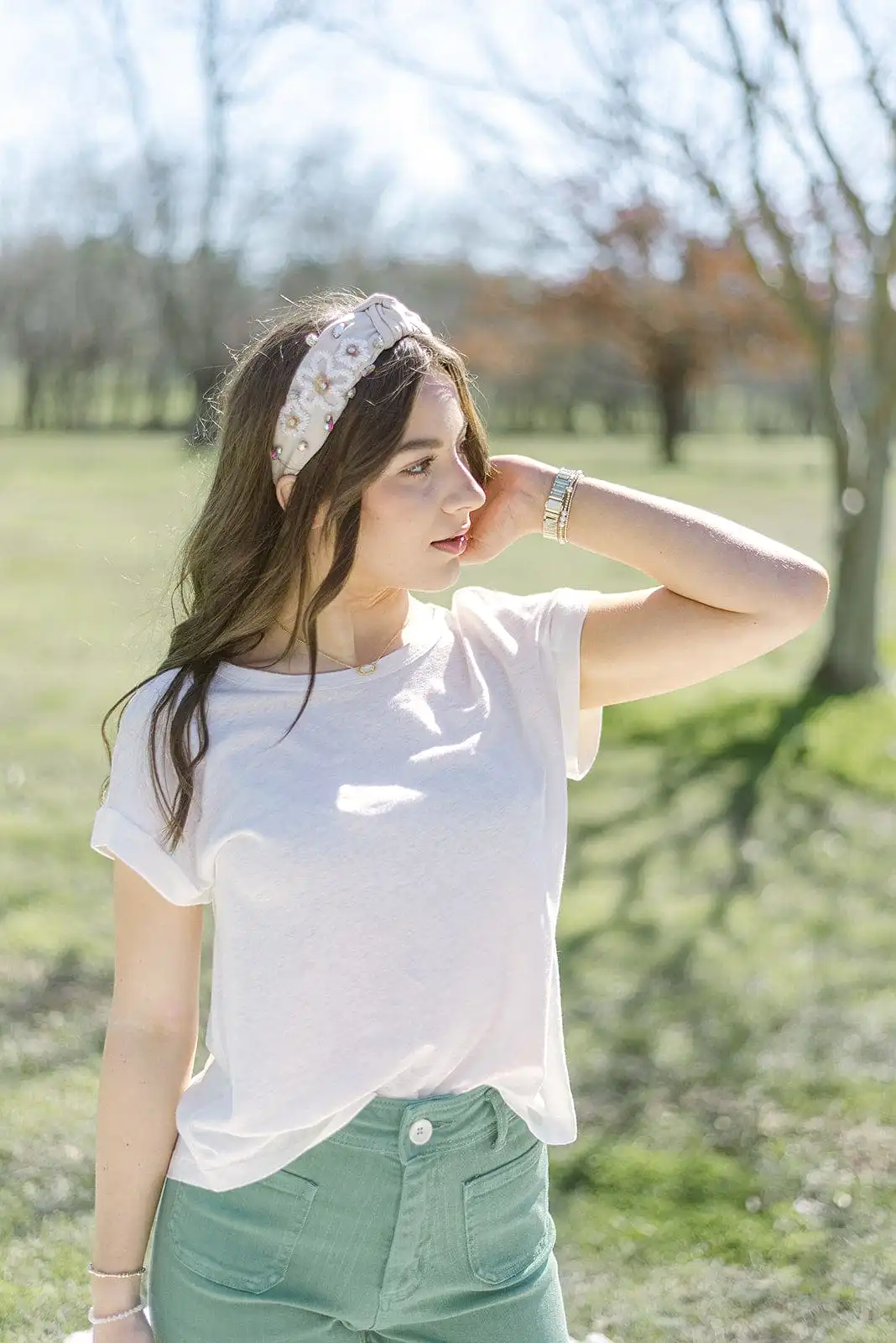 Beige Beaded Flower Headband