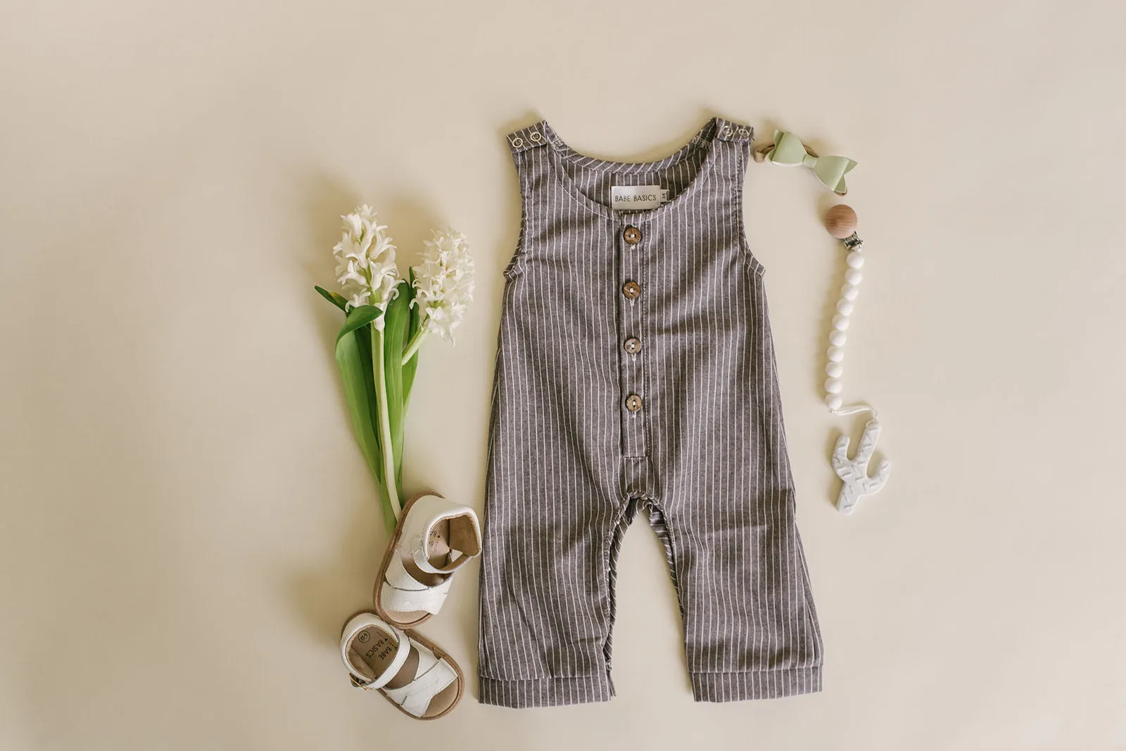 Dark Grey Striped Linen Basic Romper