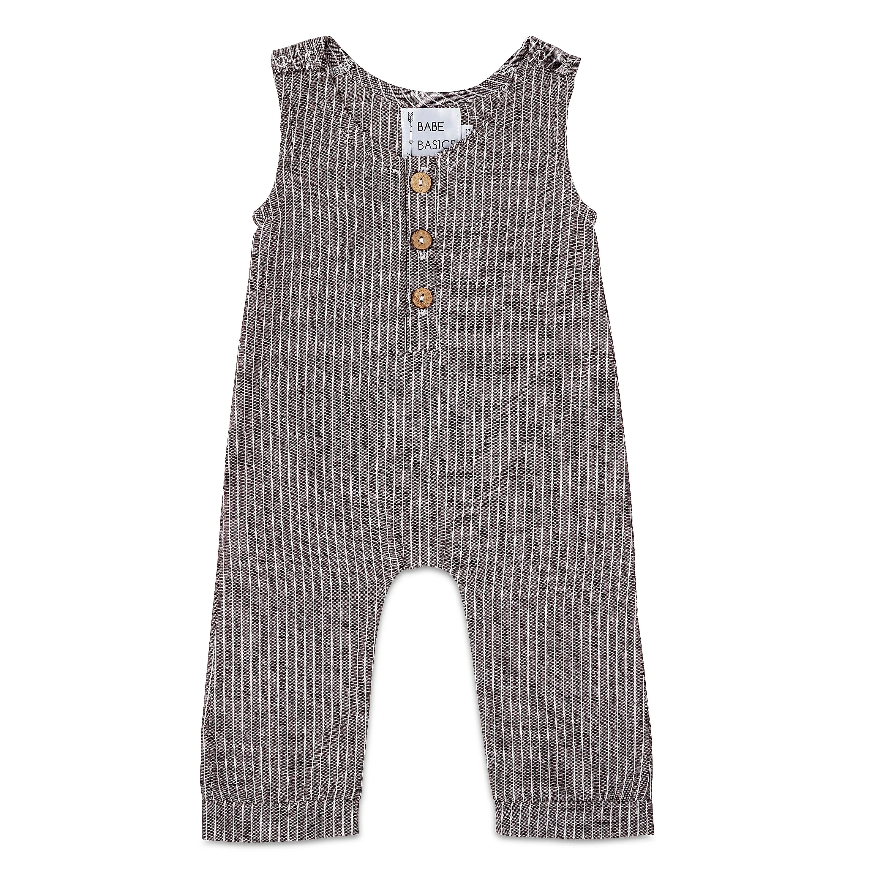 Dark Grey Striped Linen Basic Romper