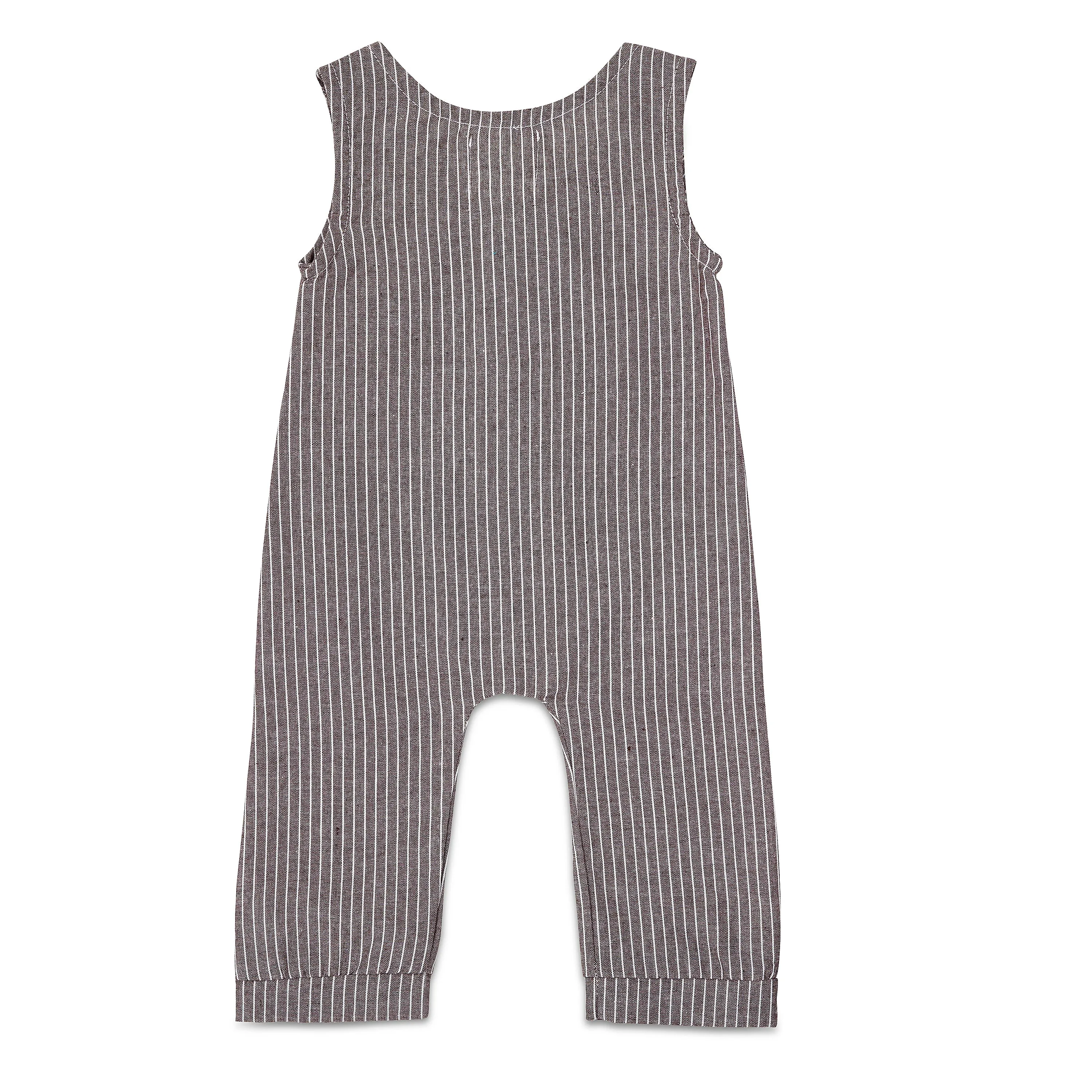 Dark Grey Striped Linen Basic Romper