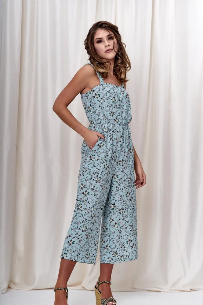 Double Second Blue Floral Print Wide Leg Jumpsuit