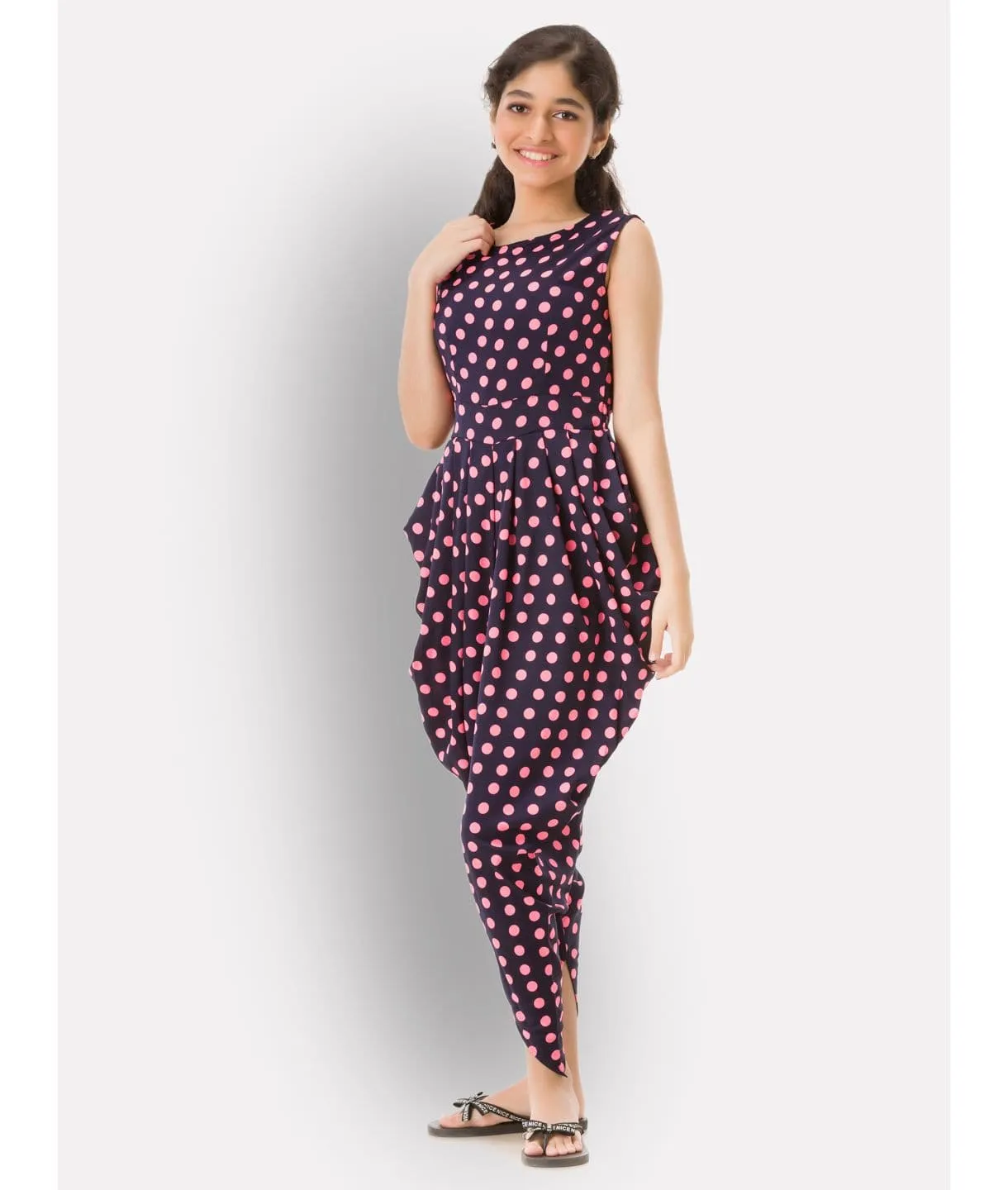 Elasticated Polka Print Dhoti Jumpsuit for Girls