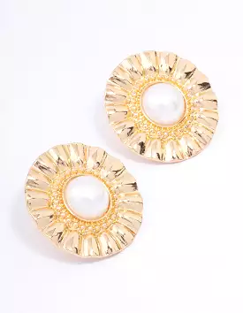 Gold Fan Pearl Statement Stud Earrings