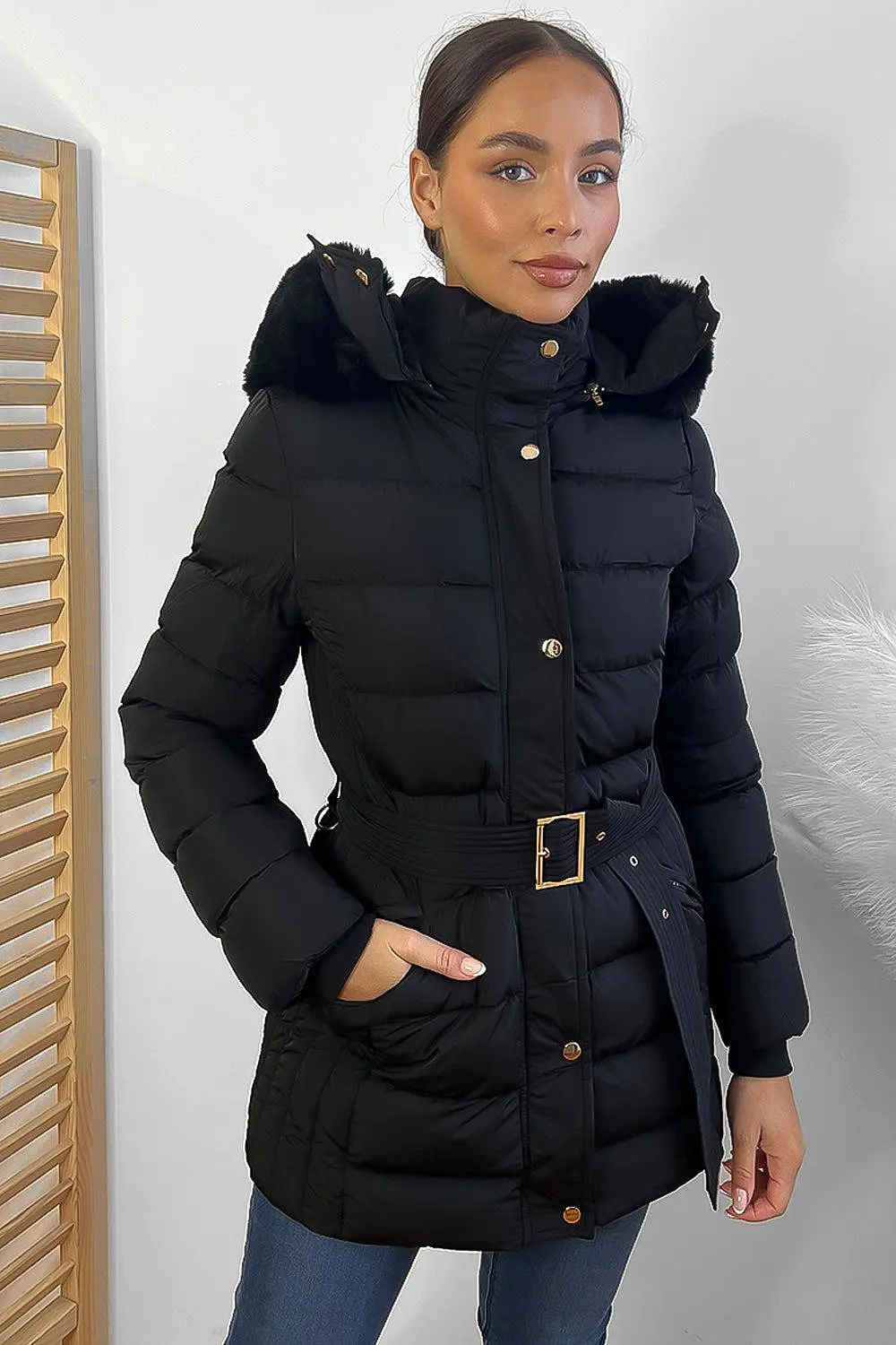 Gold Hardware Belted And Hooded Winter Jacket