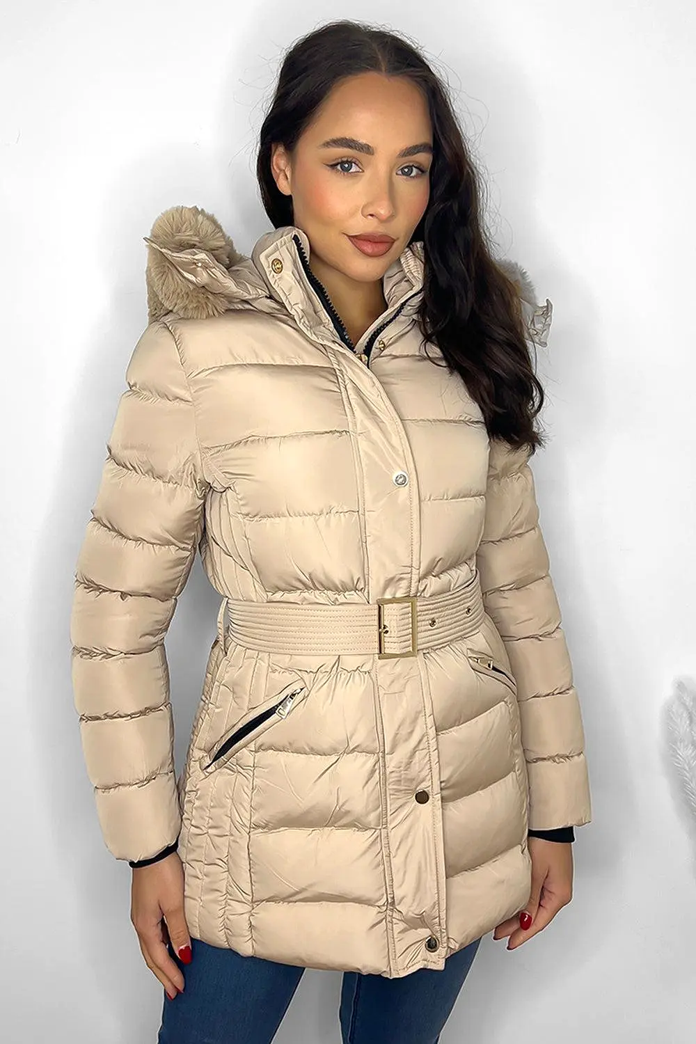 Gold Hardware Belted And Hooded Winter Jacket