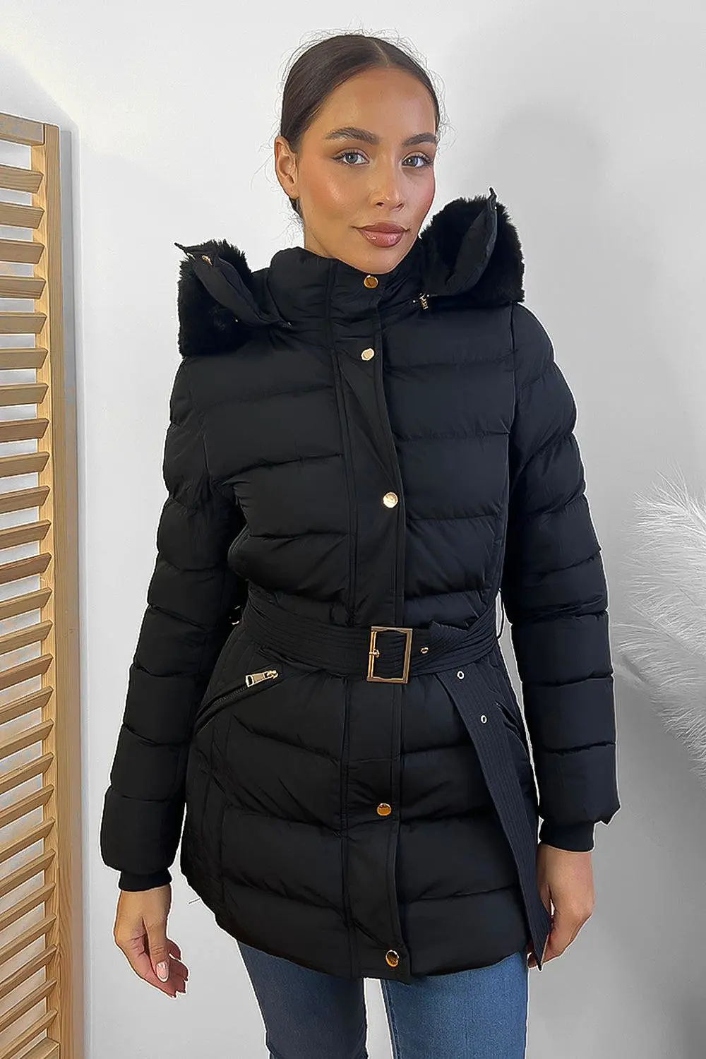 Gold Hardware Belted And Hooded Winter Jacket