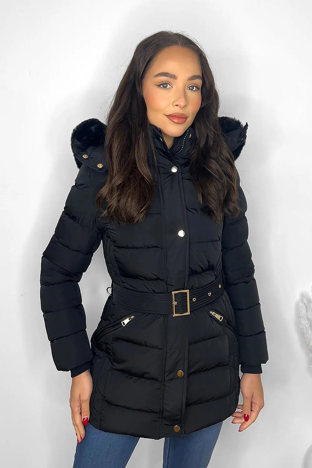 Gold Hardware Belted And Hooded Winter Jacket