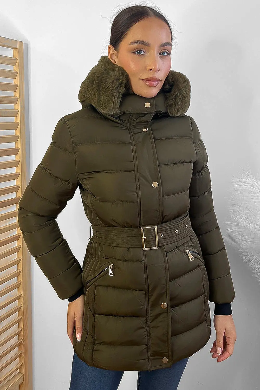 Gold Hardware Belted And Hooded Winter Jacket