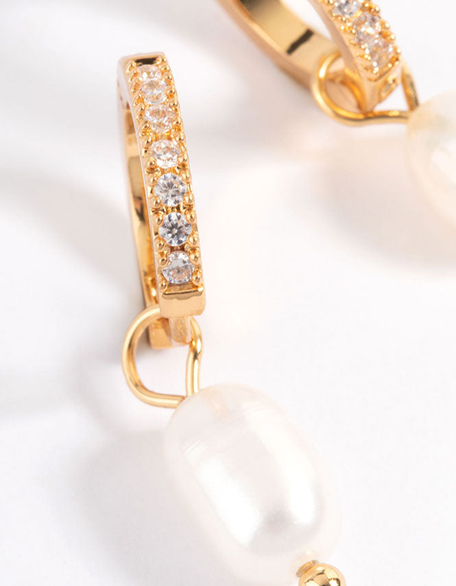 Gold Plated Stainless Steel Diamante Freshwater Pearl Drop Huggie Earrings