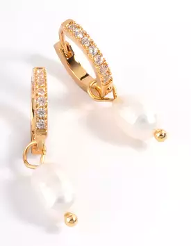 Gold Plated Stainless Steel Diamante Freshwater Pearl Drop Huggie Earrings