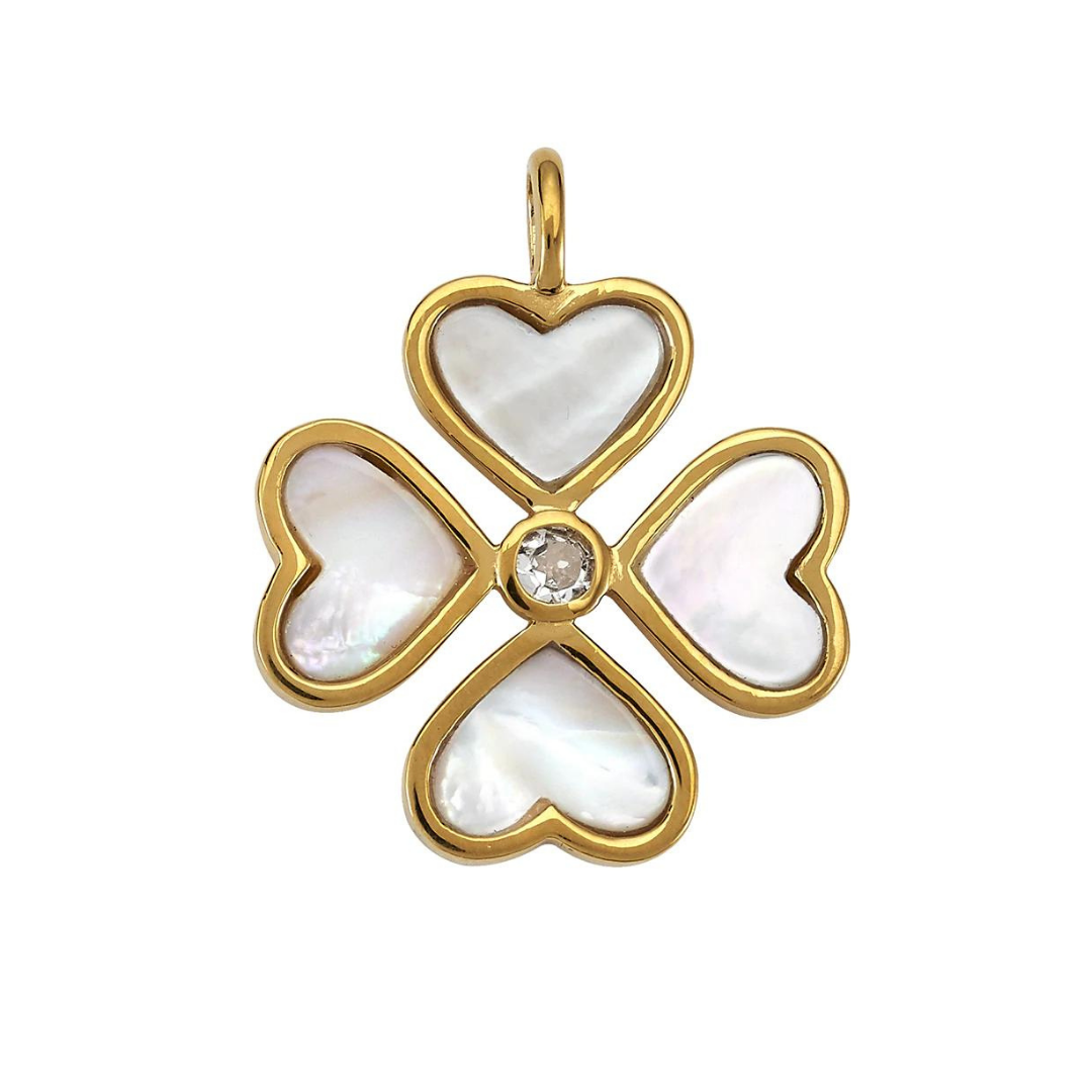 Heart Clover Charm (Mother of Pearl + White Topaz)