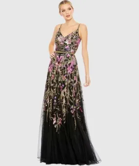 Mac Duggal V Neck Floral Embellished Spaghetti Strap Gown In Black Multi