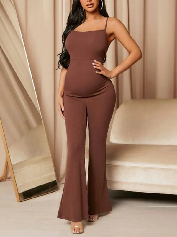 Momnfancy Spaghetti Strap Bodycon Flare Bell Bottom Fashion Modern Chic Maternity Jumpsuit