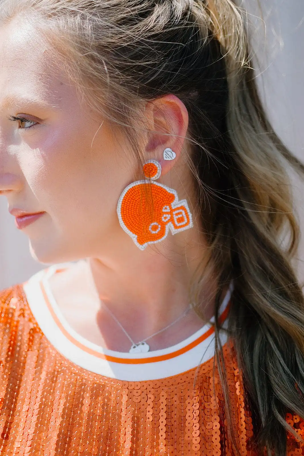 Orange & White Beaded Helmet Earring