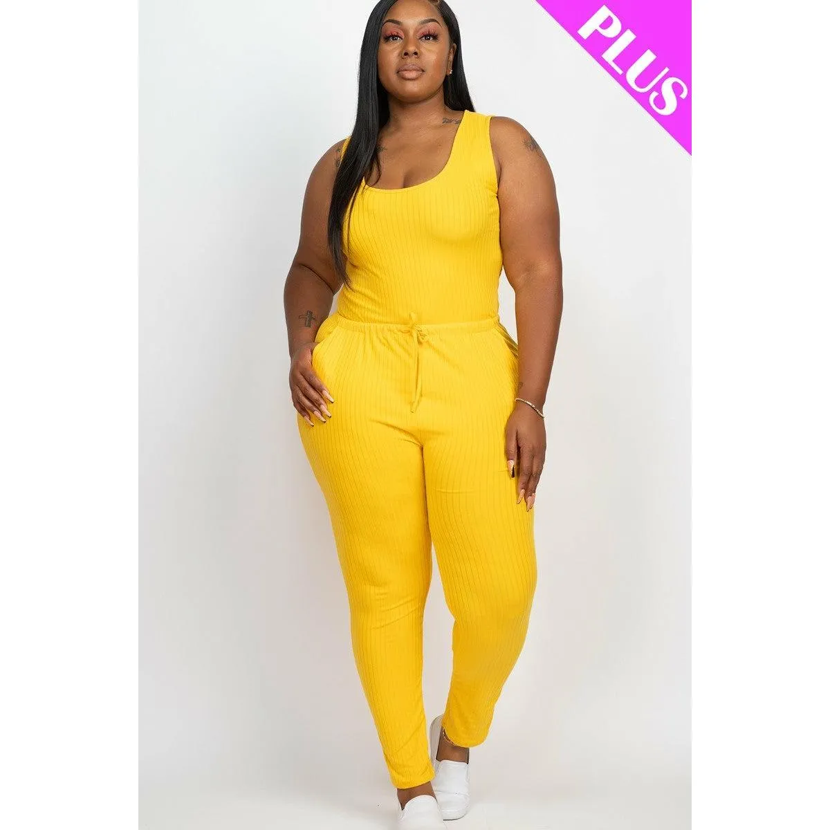 Plus size yellow ribbed sleeveless drawstring jumpsuit