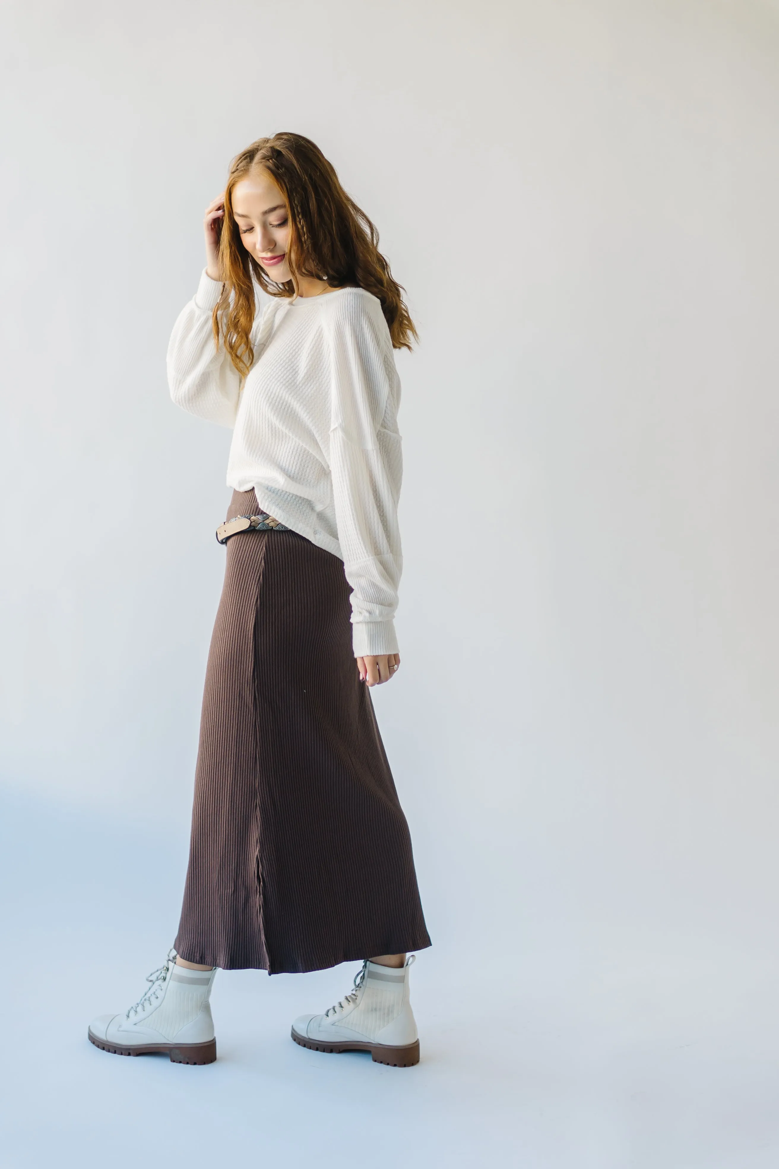 The Delphi Ribbed Midi Skirt in Chocolate Brown