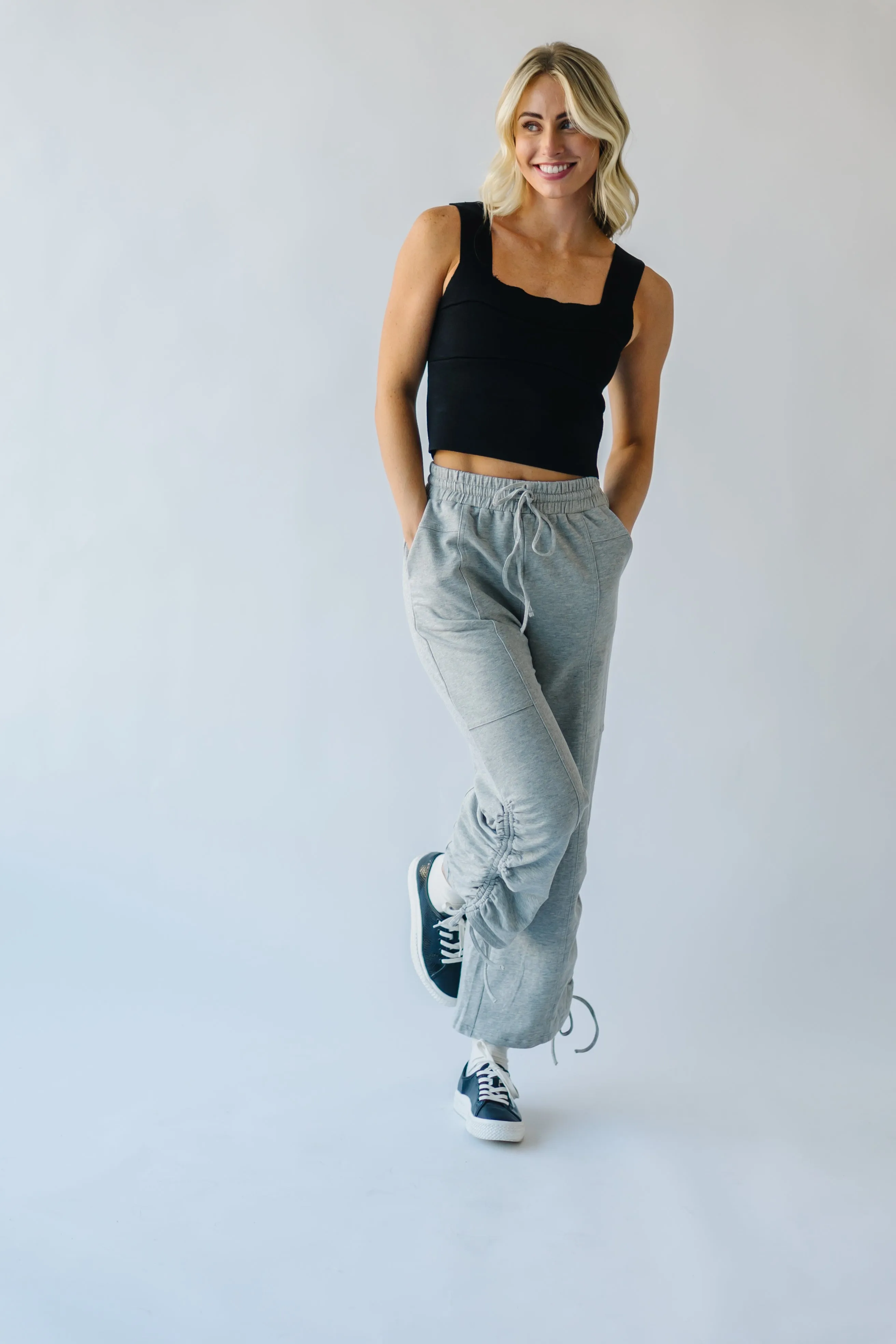 The Linden Straight Leg Adjustable Strap Pant in Heather Grey