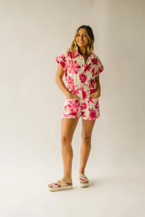 The Whitmer Floral Denim Romper in Pink Multi