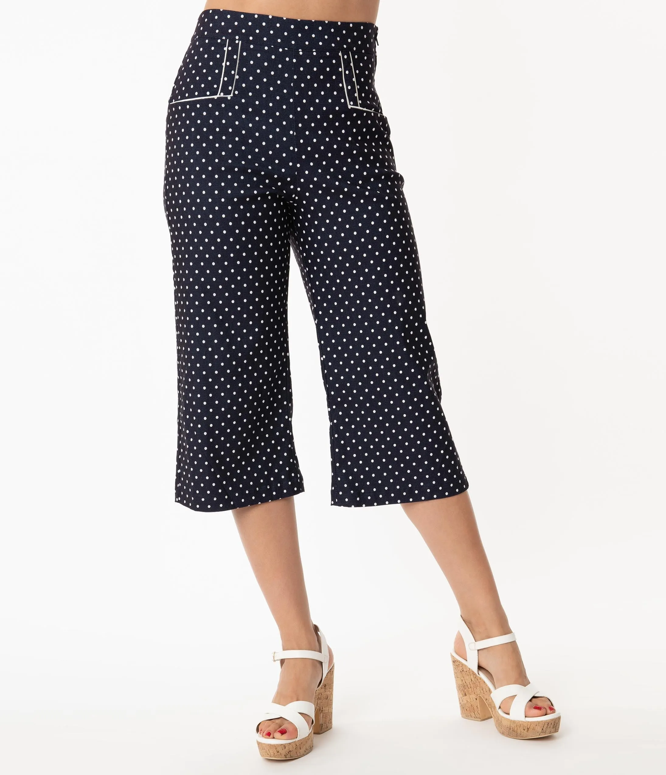 Unique Vintage 1940s Blue Denim & White Pin Dot Ginger Culottes