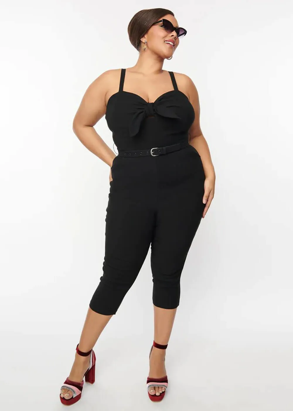 Unique Vintage Sweetheart Tie Cropped 50's Jumpsuit Black