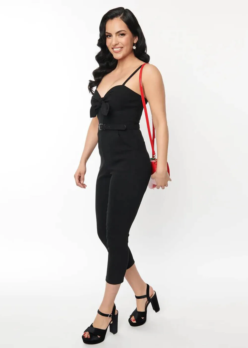 Unique Vintage Sweetheart Tie Cropped 50's Jumpsuit Black