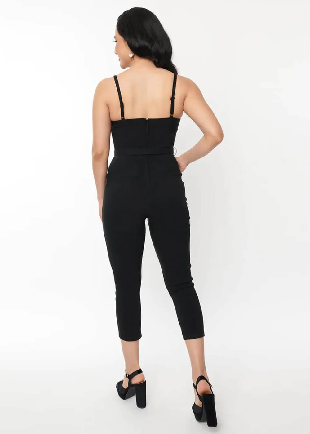 Unique Vintage Sweetheart Tie Cropped 50's Jumpsuit Black