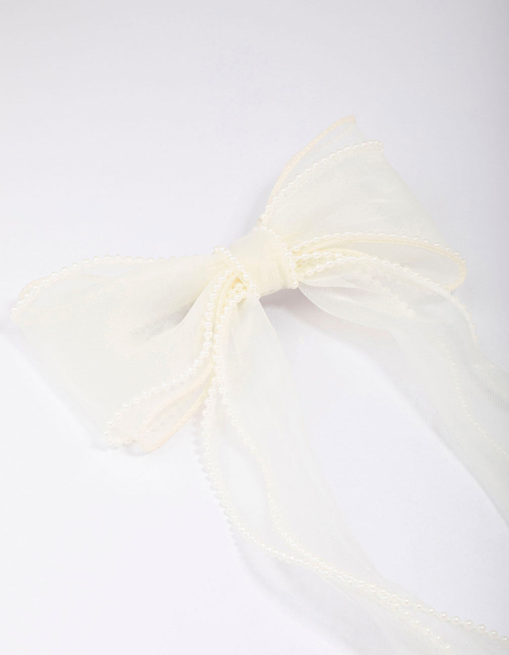 White Organza Fabric Pearl Twist Bow Hair Clip